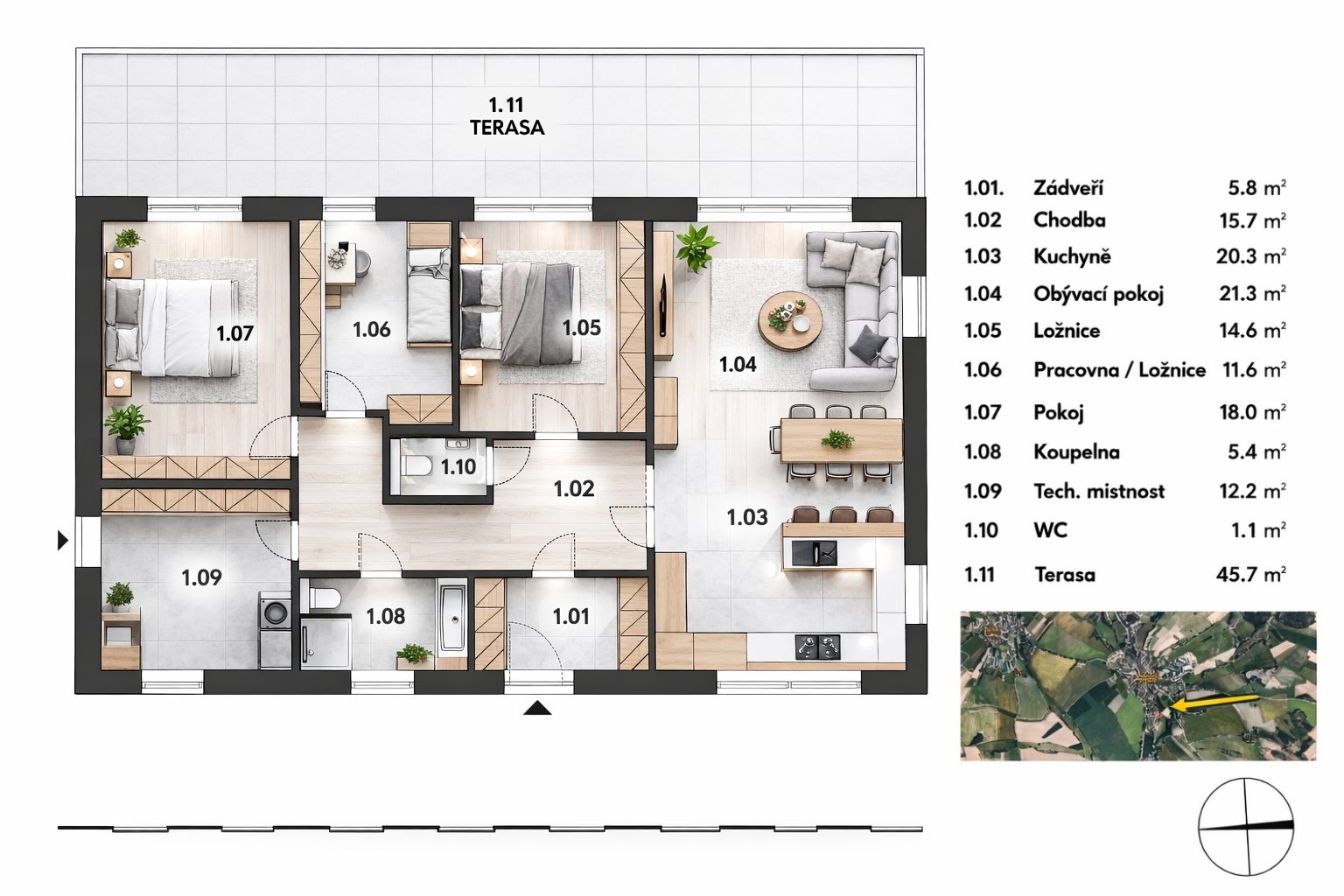 Velkým benefitem domu je přímý vstup na zastřešenou terasu (45,7 m²) z každé obytné místnosti, která přirozeně propojuje interiér se zahradou.